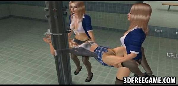  Three sexy schoolgirls in the 3D showers use strapons